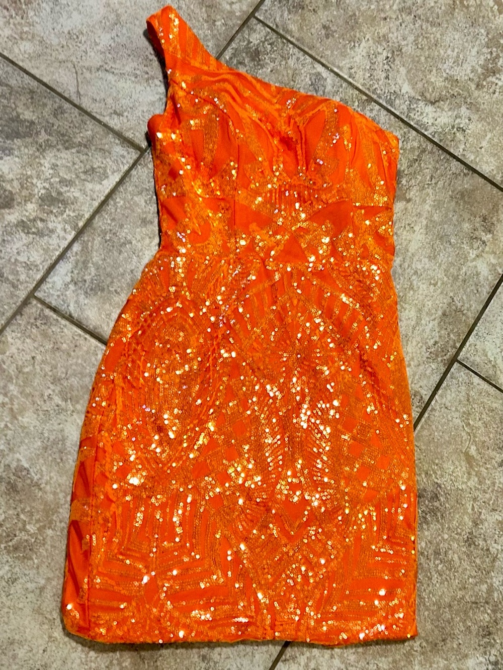 One-Shoulder Bright Orange Sequin Hoco Party Dress Homecoming